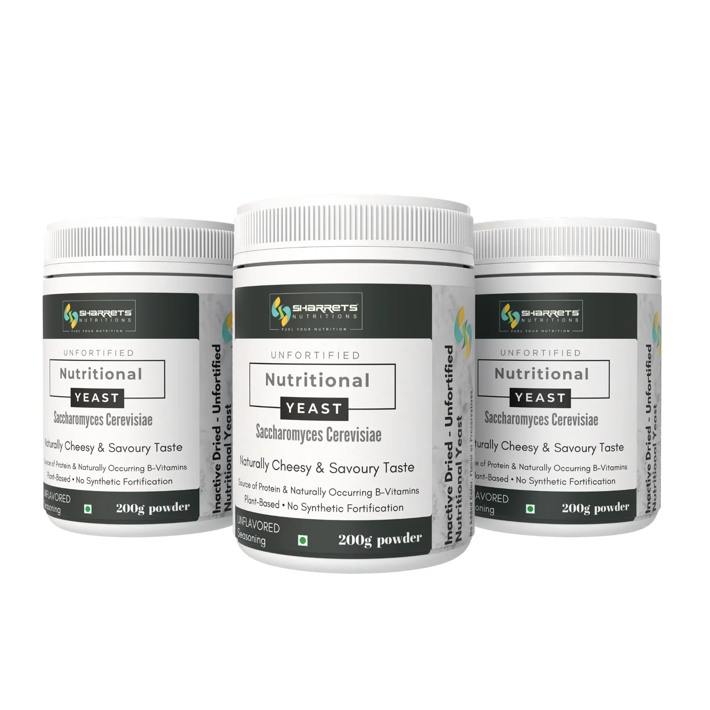 Three jars of Sharrets Nutritional Yeast on a white background