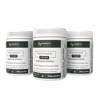 Three jars of Sharrets Nutritional Yeast on a white background