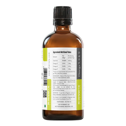 Ingredients panel of plant based omega 3 6 9 oil for dogs and cats with flaxseed oil and black seed oil