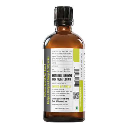 Product information and manufacturer address panel of plant based omega 3 6 9 oil for dogs and cats