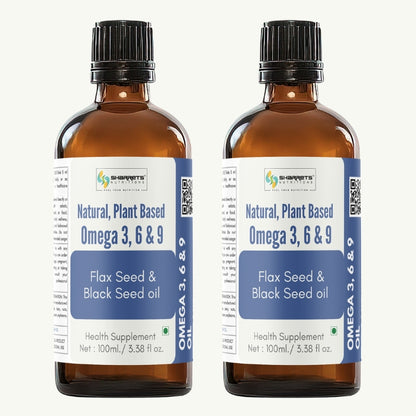 Two bottles of Omega 3, 6 & 9 oil with labels on a white background - sharrets nutritions