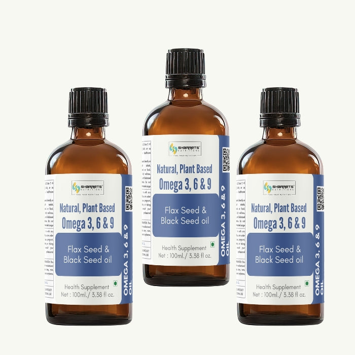 Three bottles of Omega 3, 6 & 9 oil with labels on a white background - sharrets nutritions