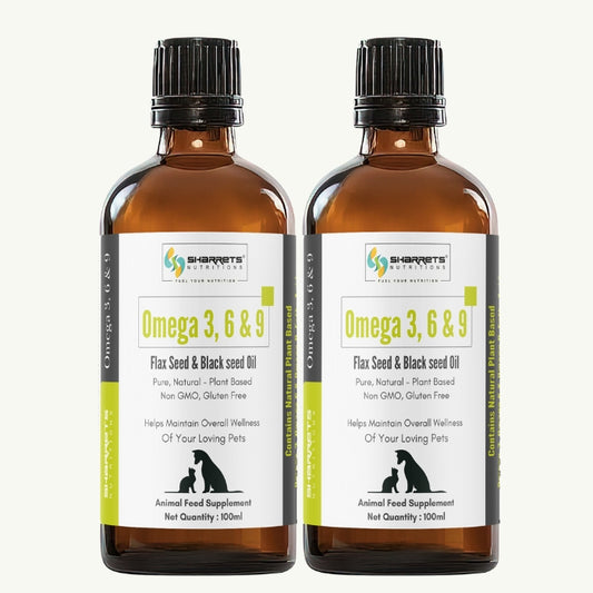 Two bottles of Sharrets Nutritions  Omega 3, 6 & 9 Flax Seed & Black Seed Oil on a white background.