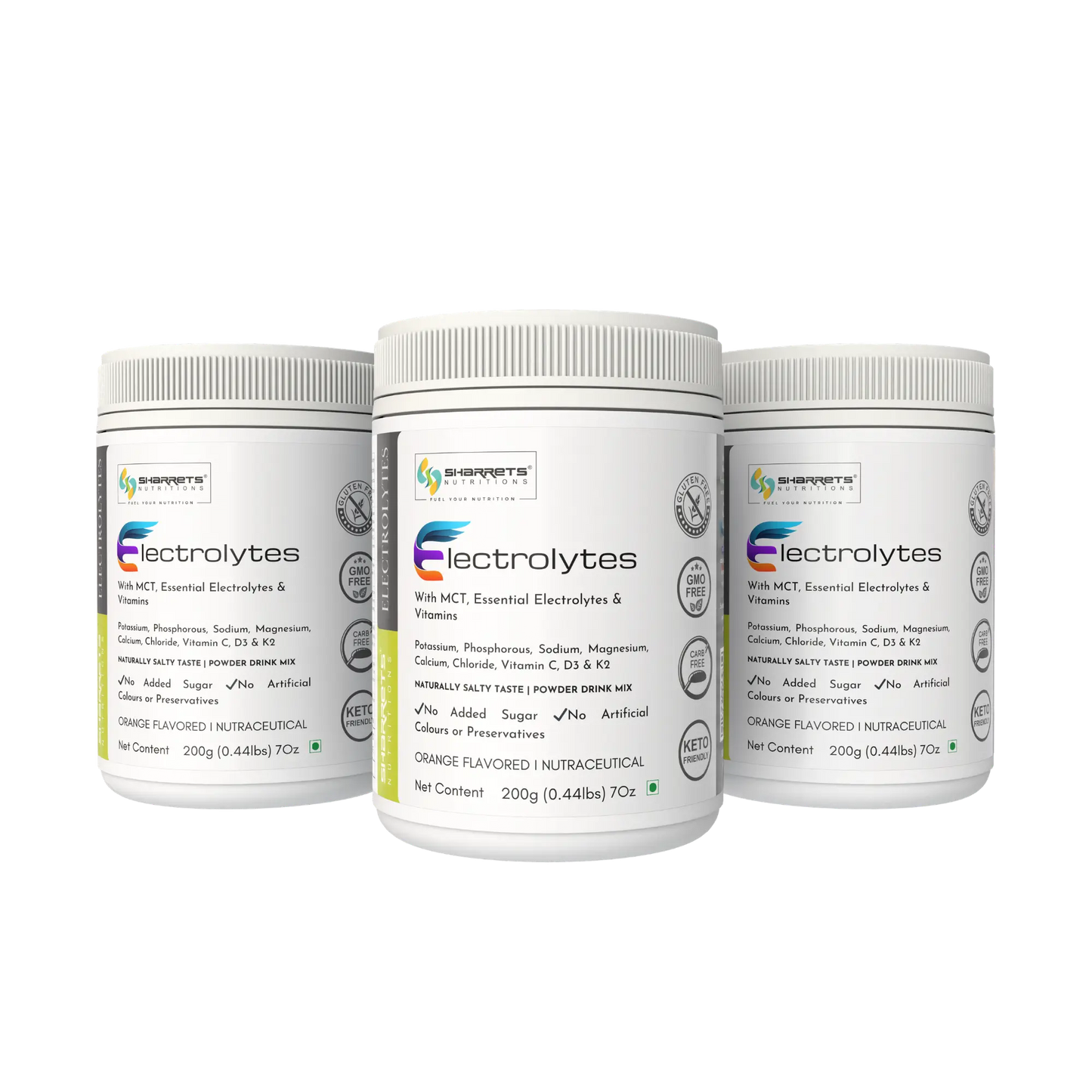 Three Containers of Sharrets Orange flavored Premium sugar-free electrolytes powder in India for hydration, muscle recovery & endurance. Ideal for gym, keto diet & fasting support.