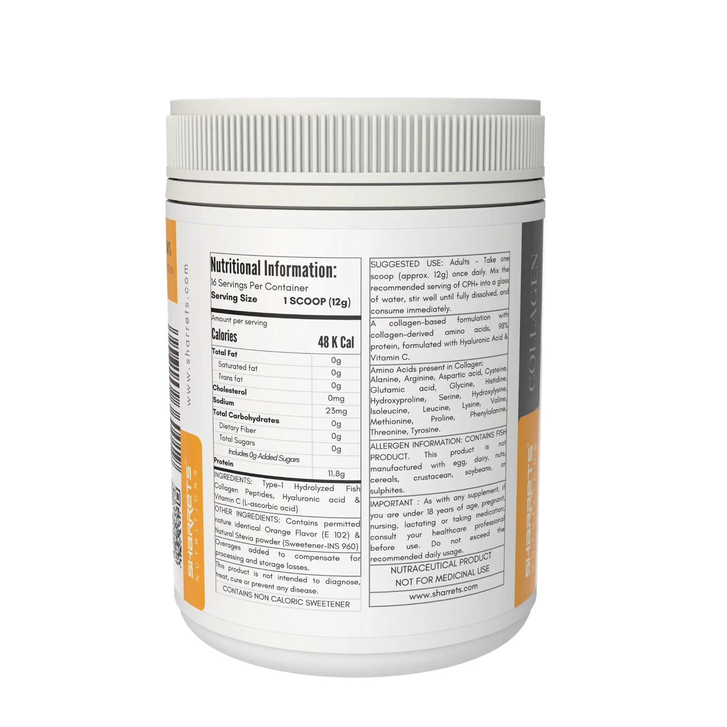 Nutritional information label on a supplement container with a white background
