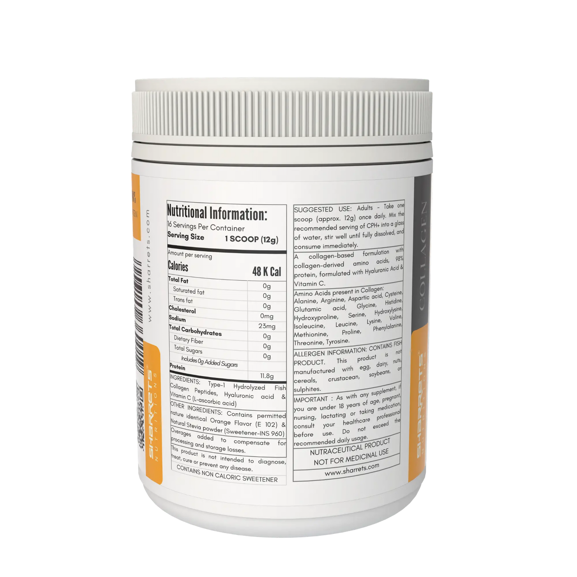 Nutritional information label on a supplement container with a white background