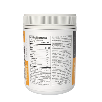 Nutritional information label on a supplement container with a white background