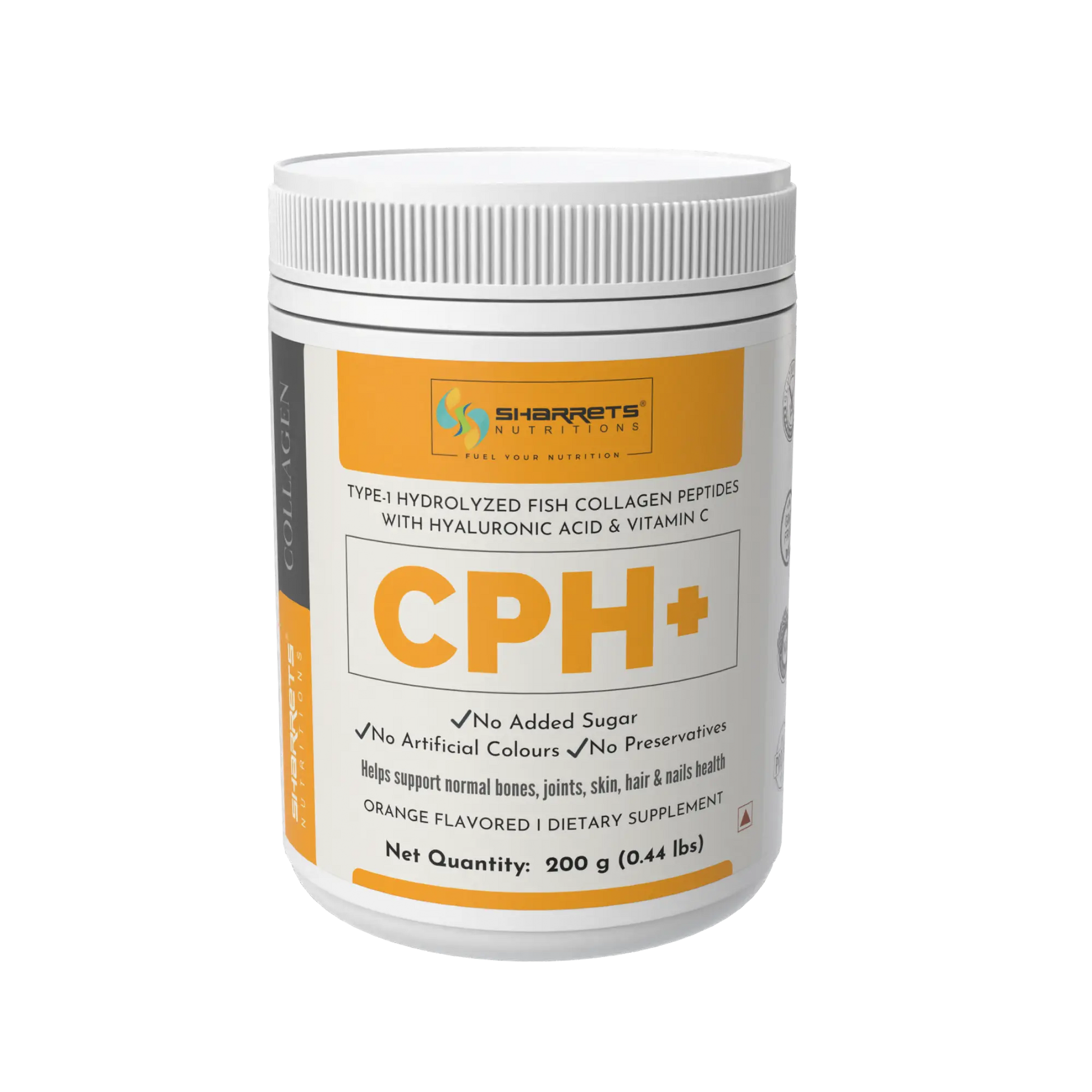 Sharrets CPH+ Marine Fish Collagen Powder (Type 1) with Hyaluronic Acid & Vitamin C – Collagen for Skin, Hair & Joints - Orange Flavored, 200g