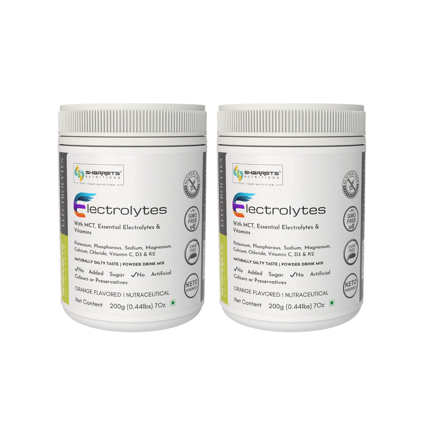 Two containers of Sharrets Electrolytes Powder with MCT, Essential Electrolytes & Vitamins on a white background.