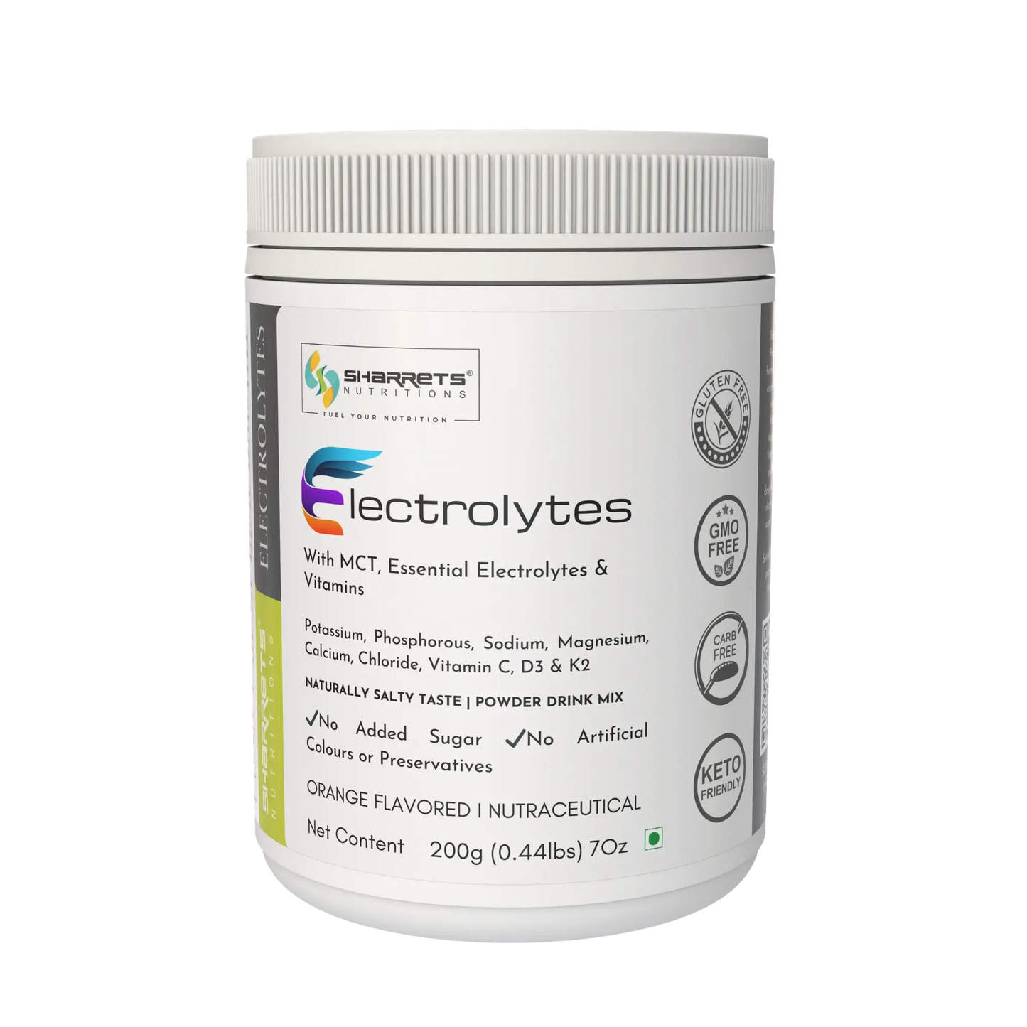 Orange flavored Premium sugar-free electrolytes powder in India for hydration, muscle recovery & endurance. Ideal for gym, keto diet & fasting support.