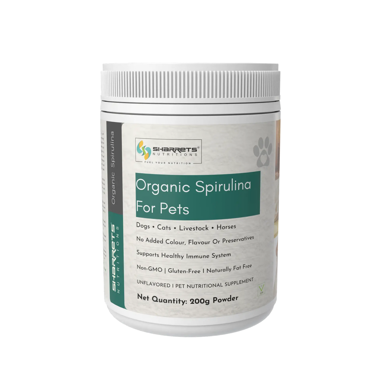 Organic spirulina powder supplement for dogs cats and livestock 200g by Sharrets for animal nutrition and immunity support