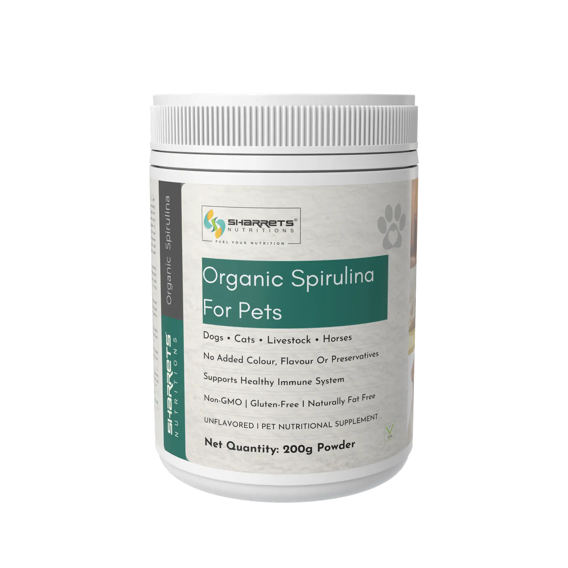 Organic spirulina powder supplement for dogs cats and livestock 200g by Sharrets for animal nutrition and immunity support