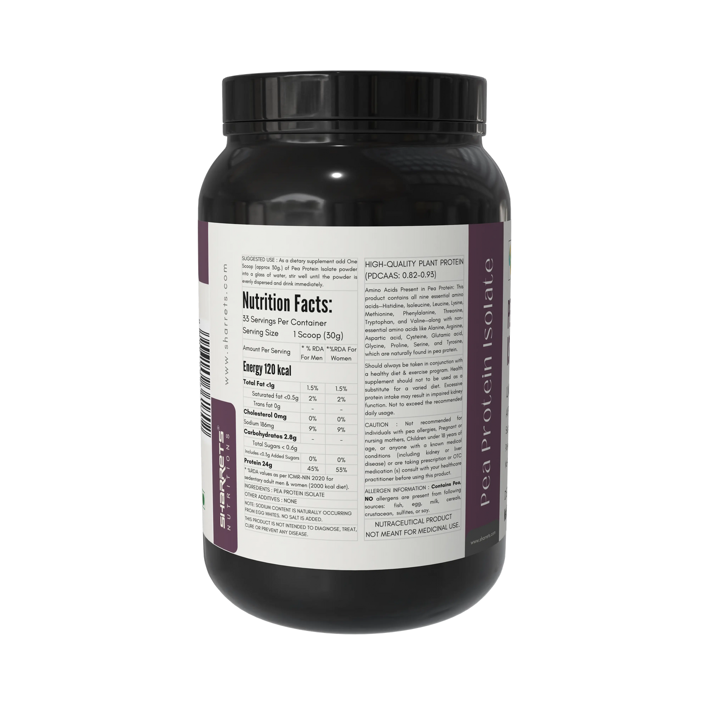 Pea protein isolate 80 percent powder nutrition facts and ingredients panel vegan plant protein by Sharrets Nutritions