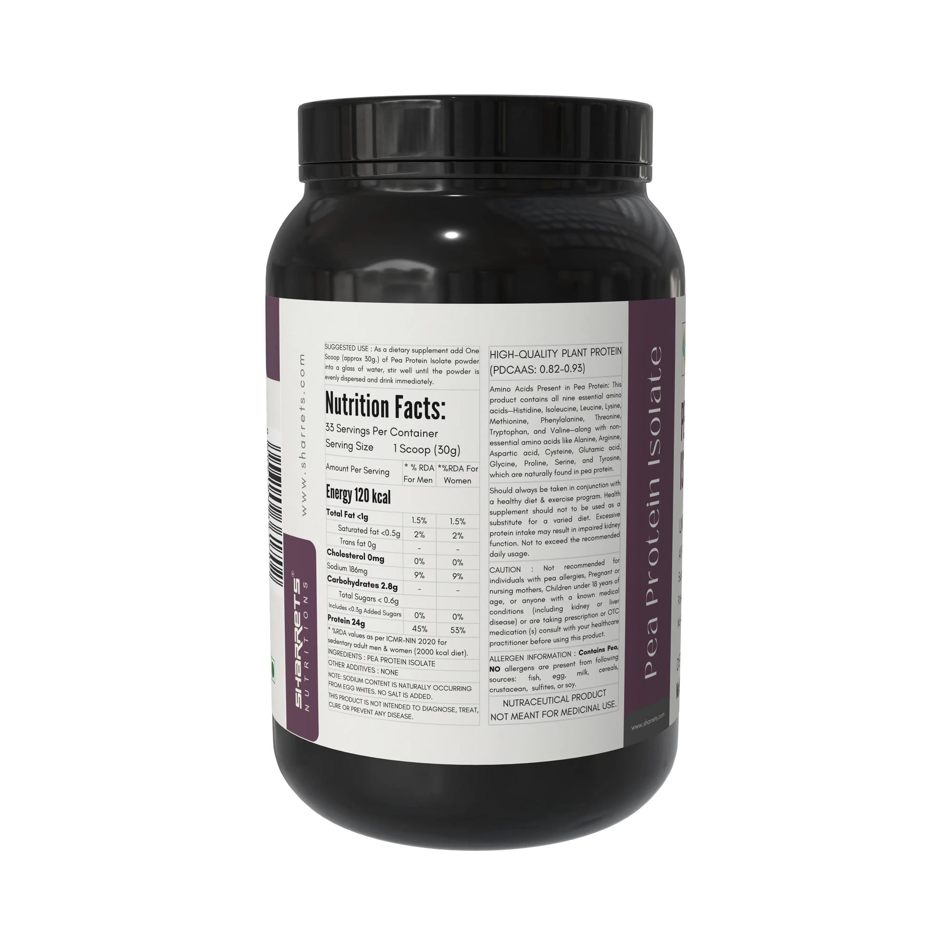 Pea protein isolate 80 percent powder nutrition facts and ingredients panel vegan plant protein by Sharrets Nutritions