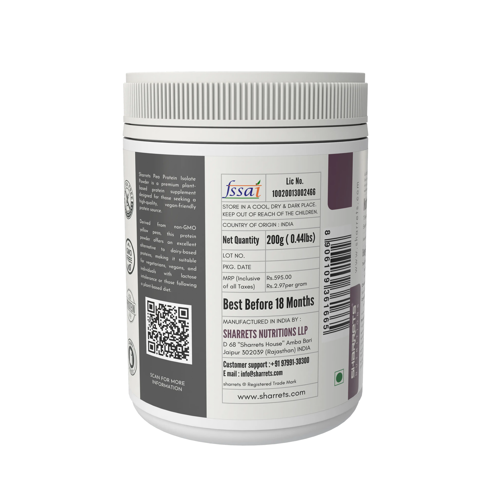 Pea protein isolate 80 percent powder packaging panel showing FSSAI license manufacturer address batch and lot number Sharrets Nutritions