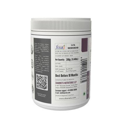 Pea protein isolate 80 percent powder packaging panel showing FSSAI license manufacturer address batch and lot number Sharrets Nutritions