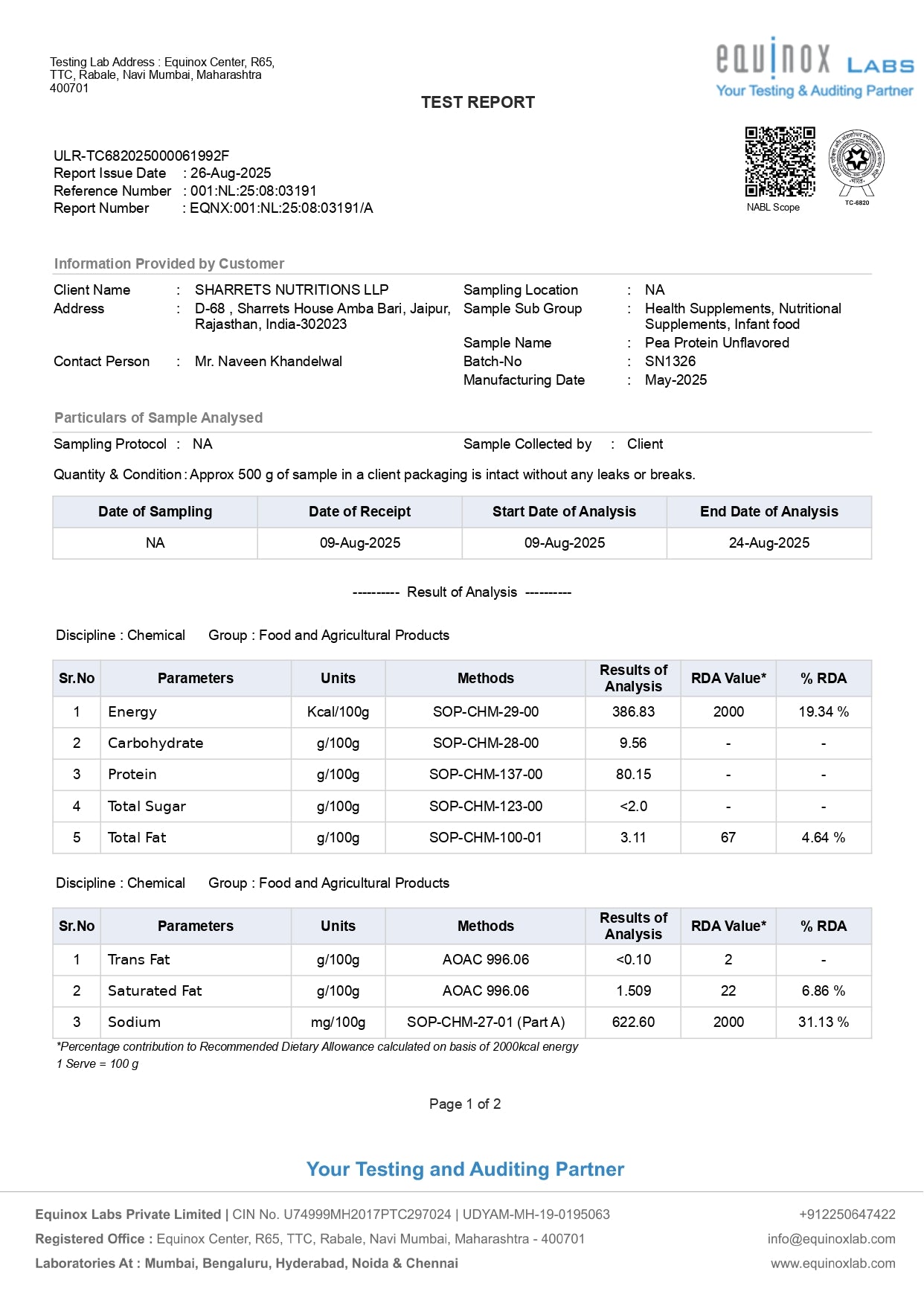 Pea protein isolate 80 percent powder COA lab test report from Equinox Labs showing nutritional analysis and protein content verification