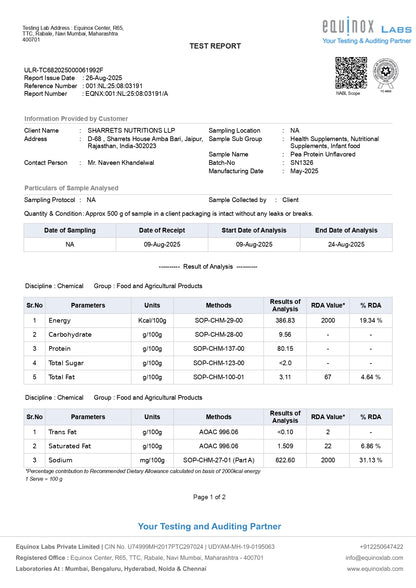 Pea protein isolate 80 percent powder COA lab test report from Equinox Labs showing nutritional analysis and protein content verification