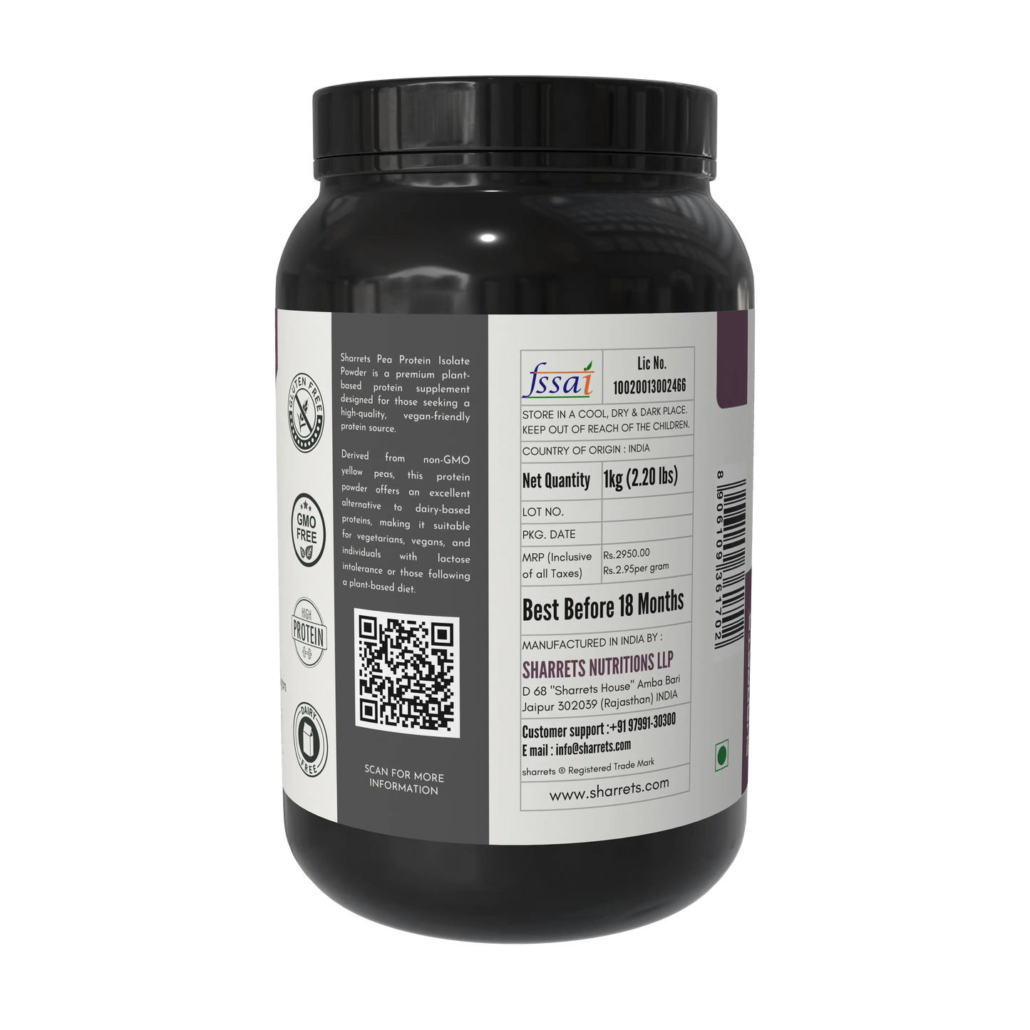 Pea protein isolate 80 percent powder packaging panel showing FSSAI license manufacturer address batch and lot number Sharrets Nutritions