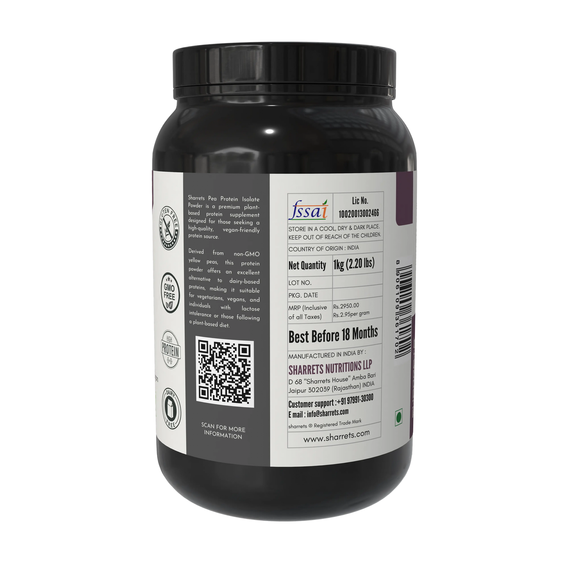 Pea protein isolate 80 percent powder packaging panel showing FSSAI license manufacturer address batch and lot number Sharrets Nutritions