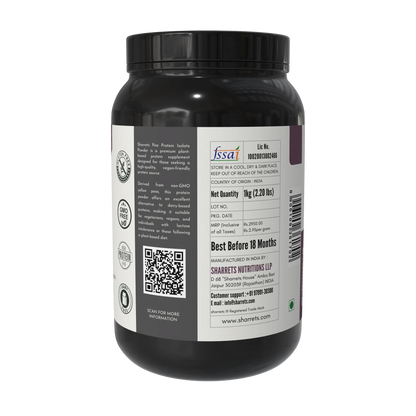 Pea protein isolate 80 percent powder packaging panel showing FSSAI license manufacturer address batch and lot number Sharrets Nutritions