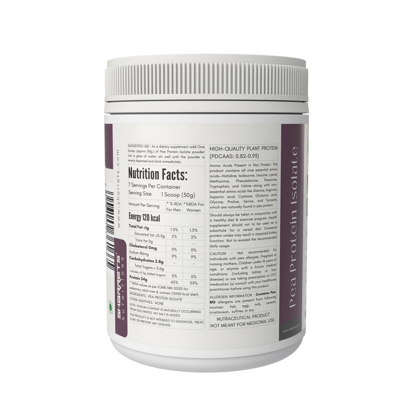 Pea protein isolate 80 percent powder nutrition facts and ingredients panel vegan plant protein by Sharrets Nutritions