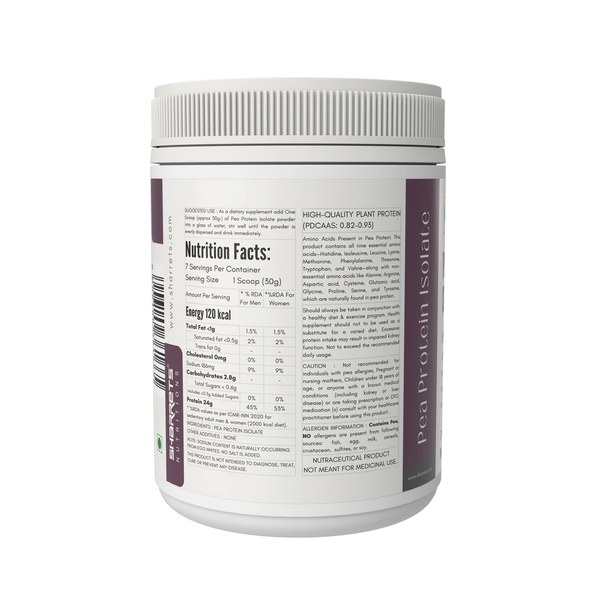 Pea protein isolate 80 percent powder nutrition facts and ingredients panel vegan plant protein by Sharrets Nutritions