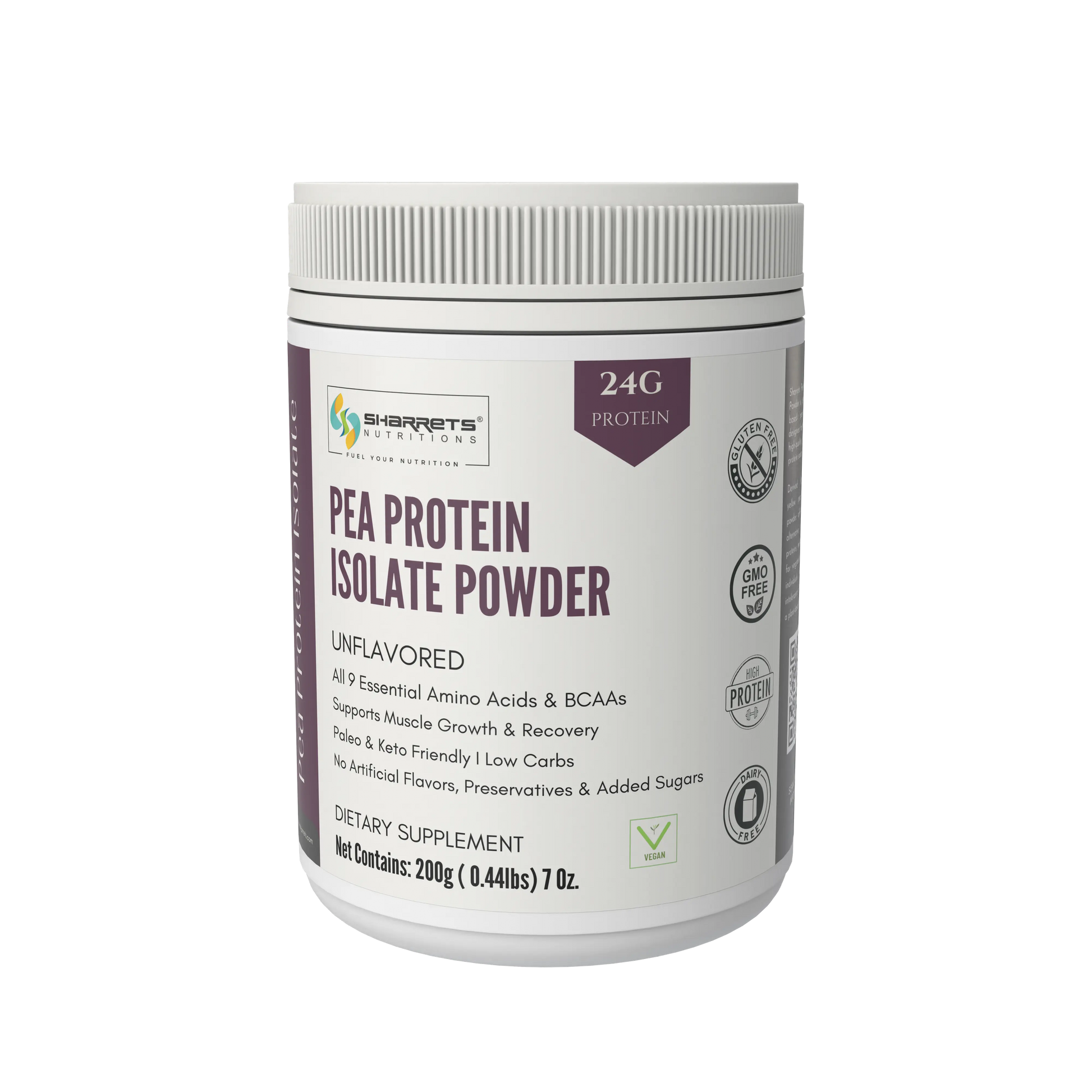 Pea protein isolate 80 percent powder unflavored vegan plant protein supplement 200g by Sharrets Nutritions