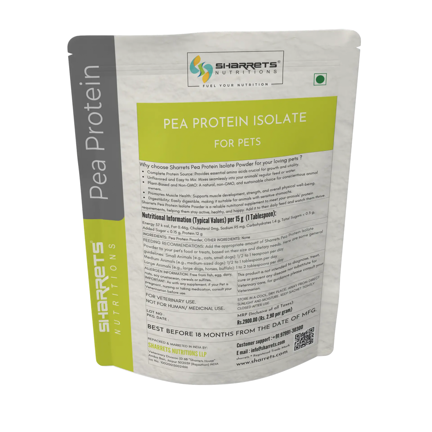 Back label of pea protein powder 1kg pouch for dogs cats horses and livestock showing product information