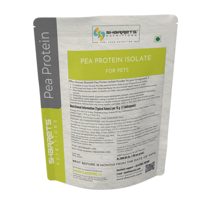 Back label of pea protein powder 1kg pouch for dogs cats horses and livestock showing product information