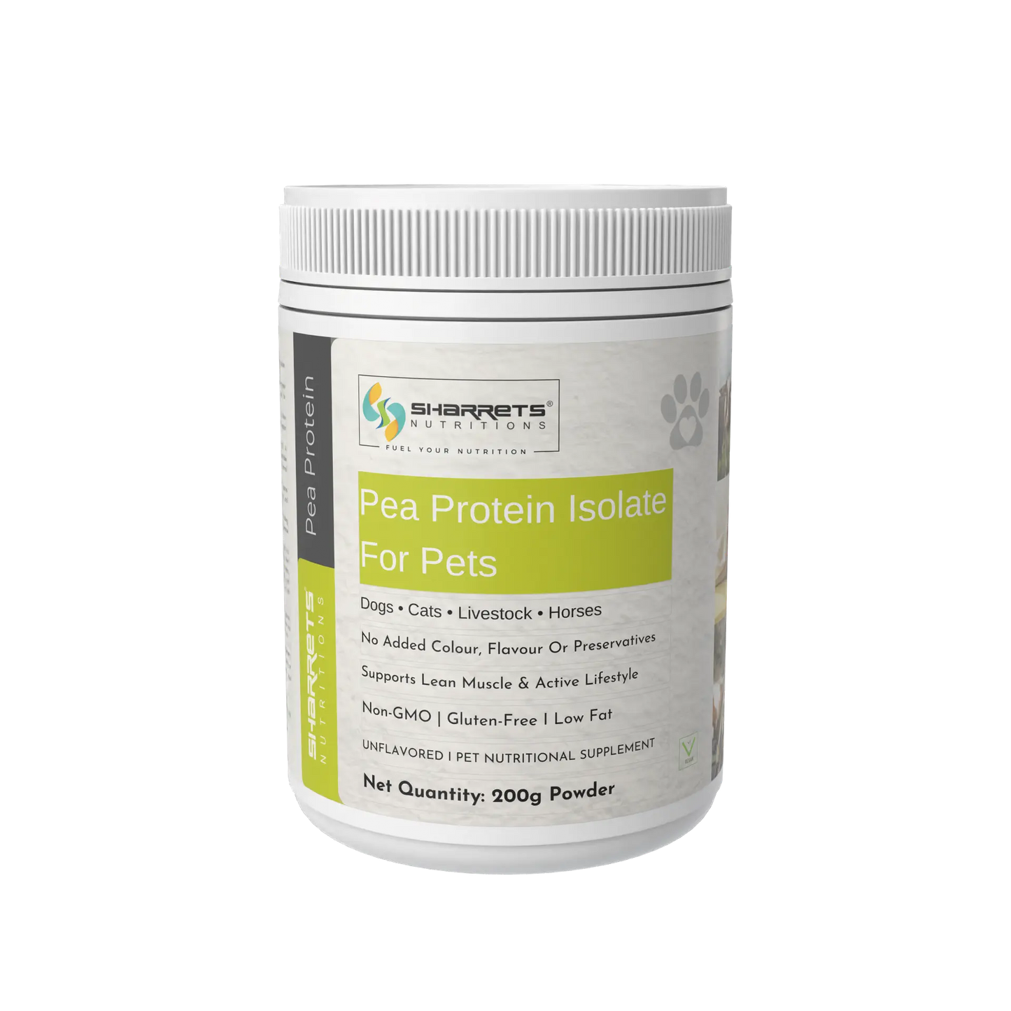 Pea protein powder for dogs cats horses and livestock 200g jar by Sharrets plant based animal nutrition supplement