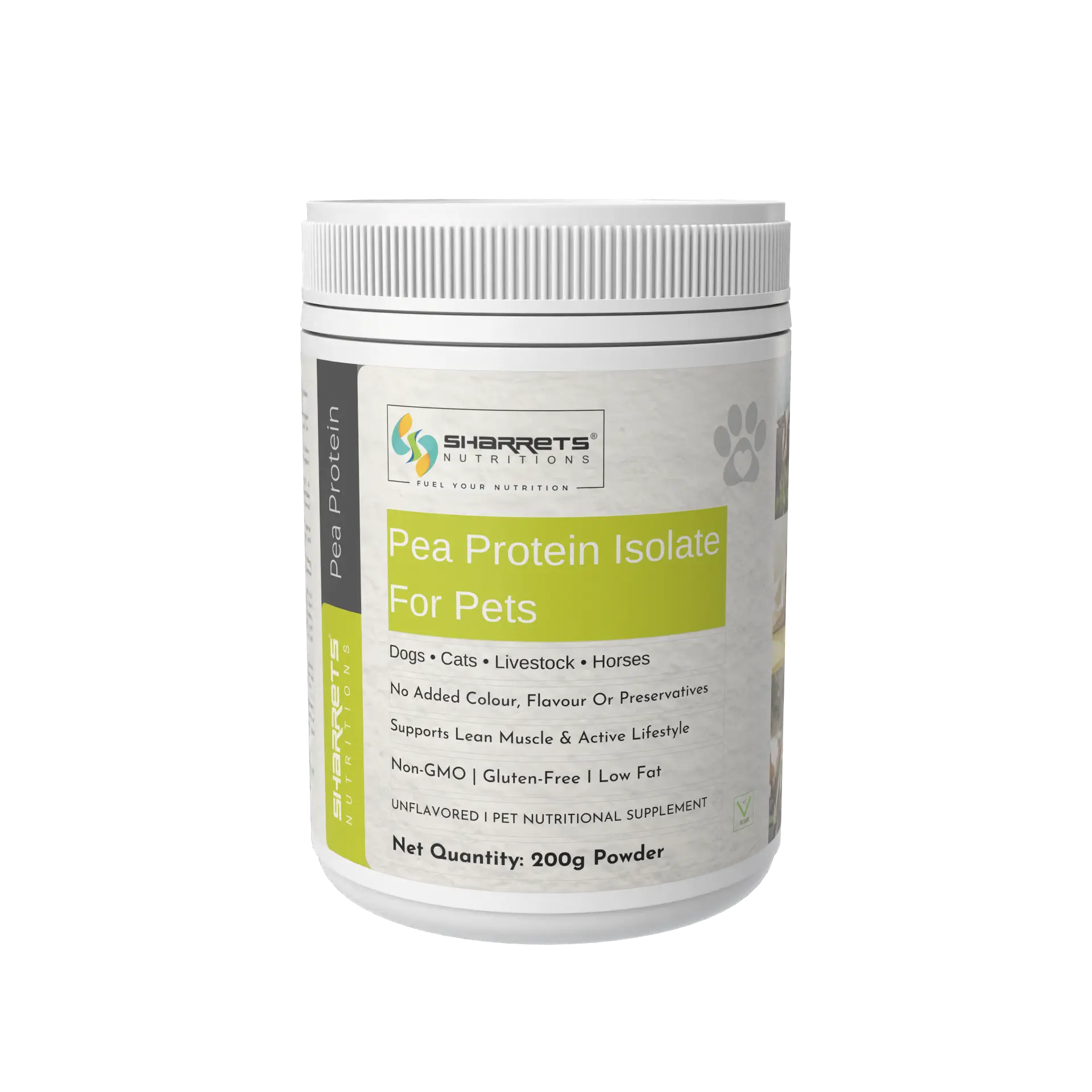 Pea protein powder for dogs cats horses and livestock 200g jar by Sharrets plant based animal nutrition supplement