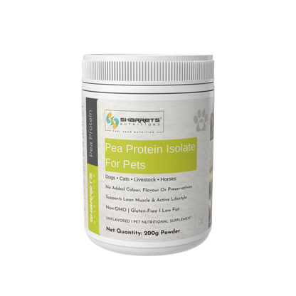 Pea protein powder for dogs cats horses and livestock 200g jar by Sharrets plant based animal nutrition supplement