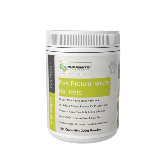 Pea protein powder for dogs cats horses and livestock 200g jar by Sharrets plant based animal nutrition supplement