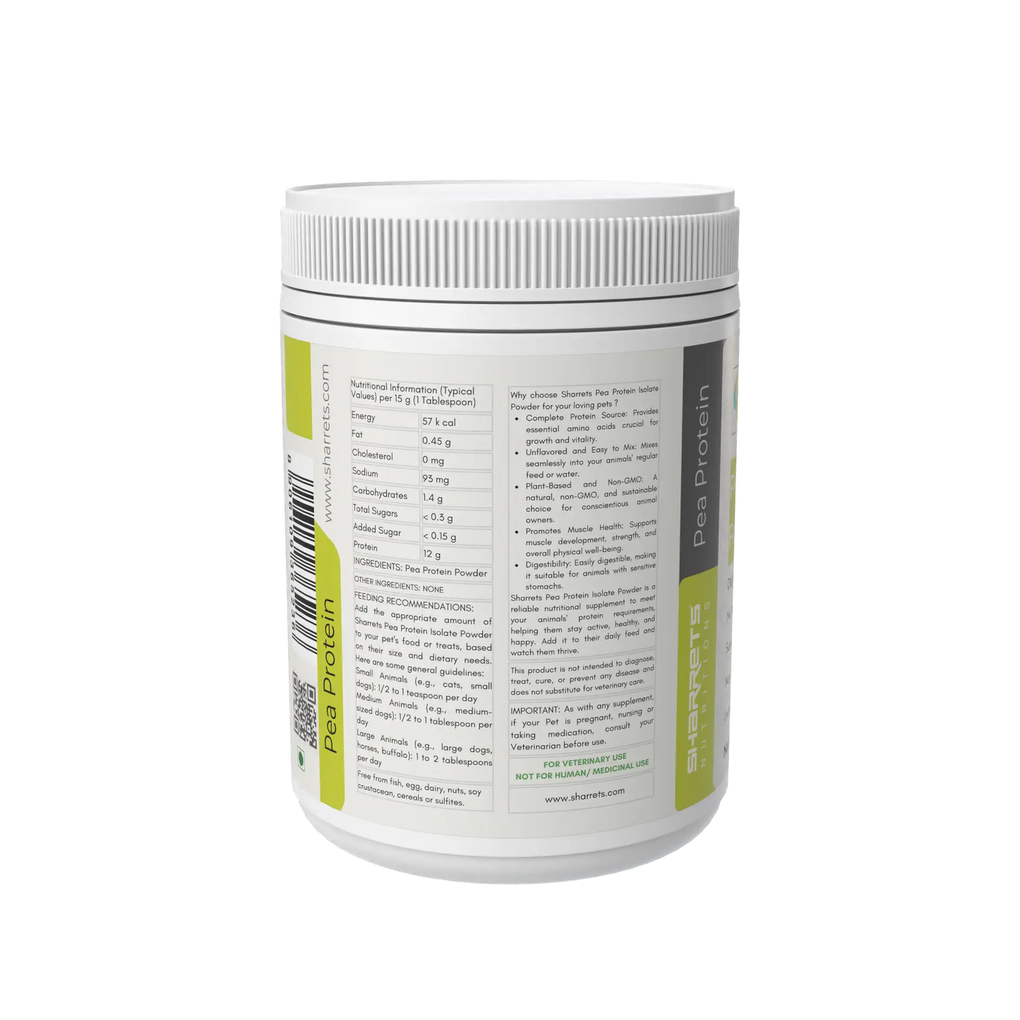 Ingredients panel of pea protein powder supplement for dogs cats horses and livestock 200g jar