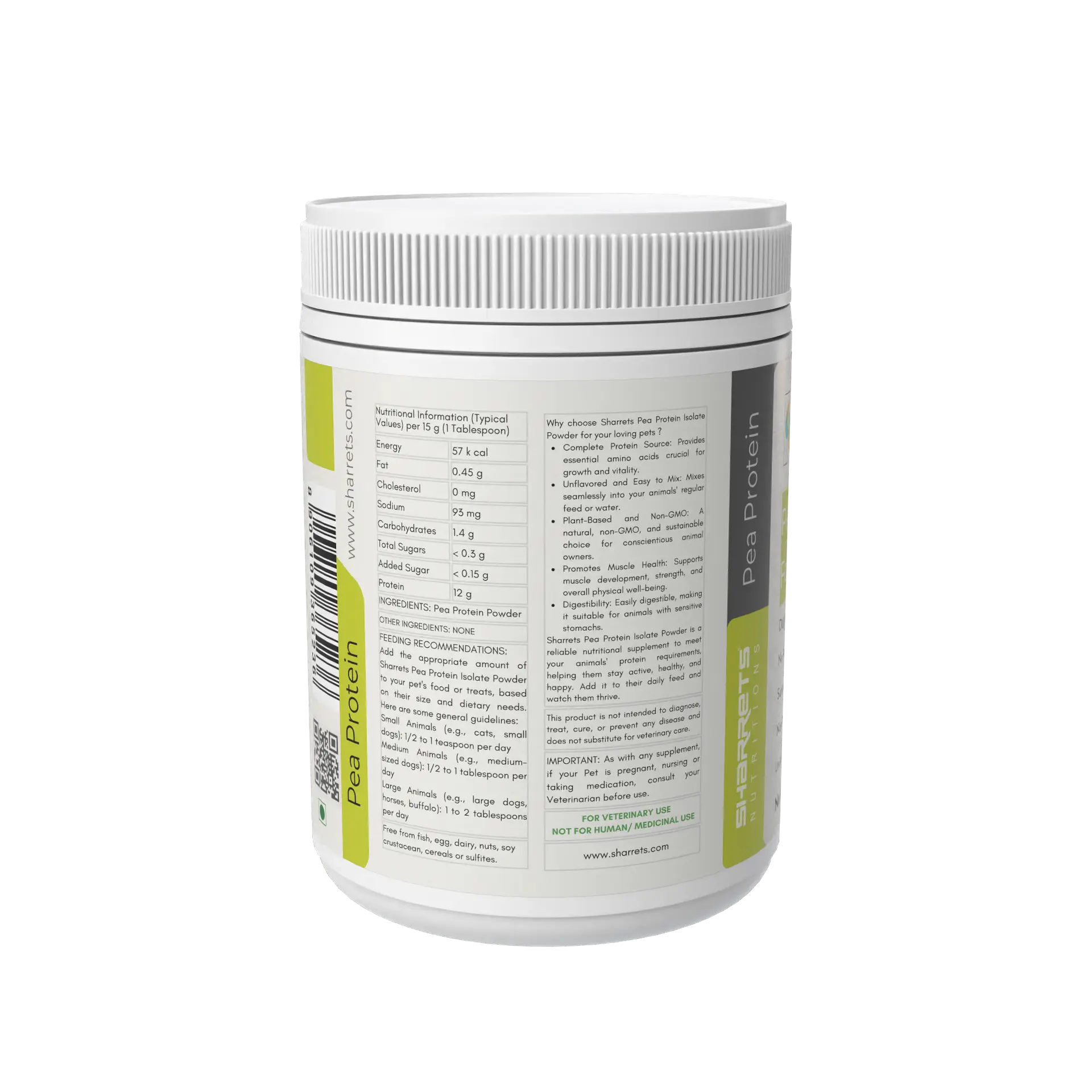 Ingredients panel of pea protein powder supplement for dogs cats horses and livestock 200g jar