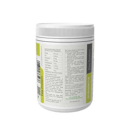 Ingredients panel of pea protein powder supplement for dogs cats horses and livestock 200g jar