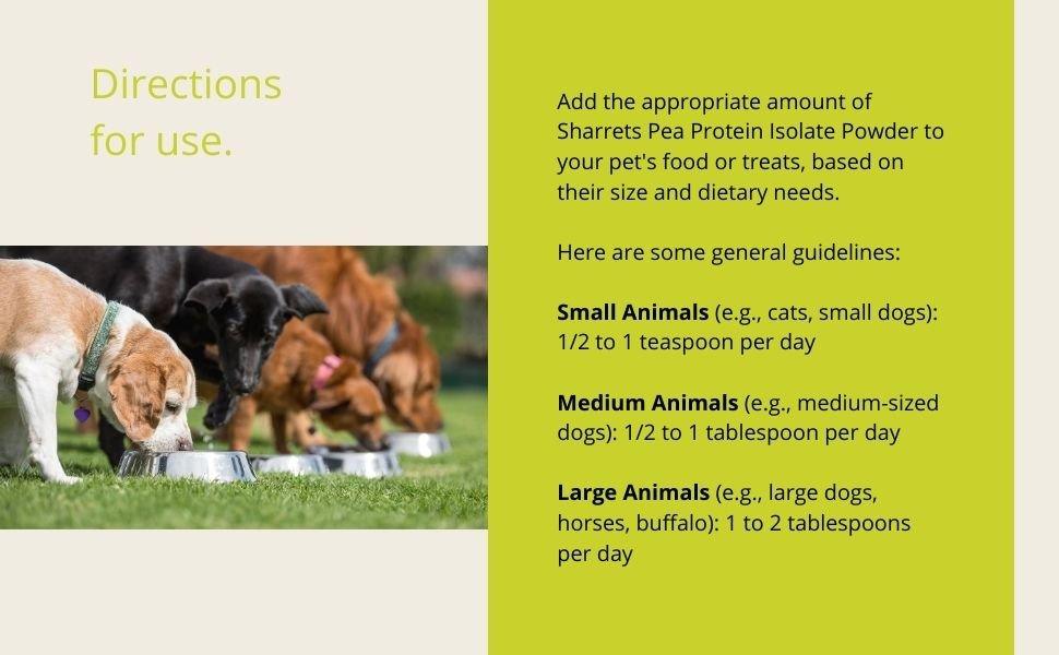 Directions for using pea protein powder supplement for dogs cats horses and livestock daily dosage guide