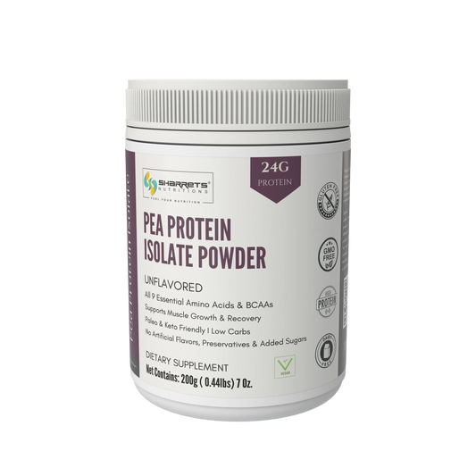 Pea protein isolate powder container with label on a white background - Sharrets Pea Protein Powder Isolate - Pure Plant-Powered Nutrition