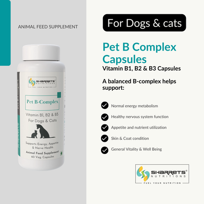 Pet B Complex Capsules for dogs and cats by Sharrets Nutritions on a white background