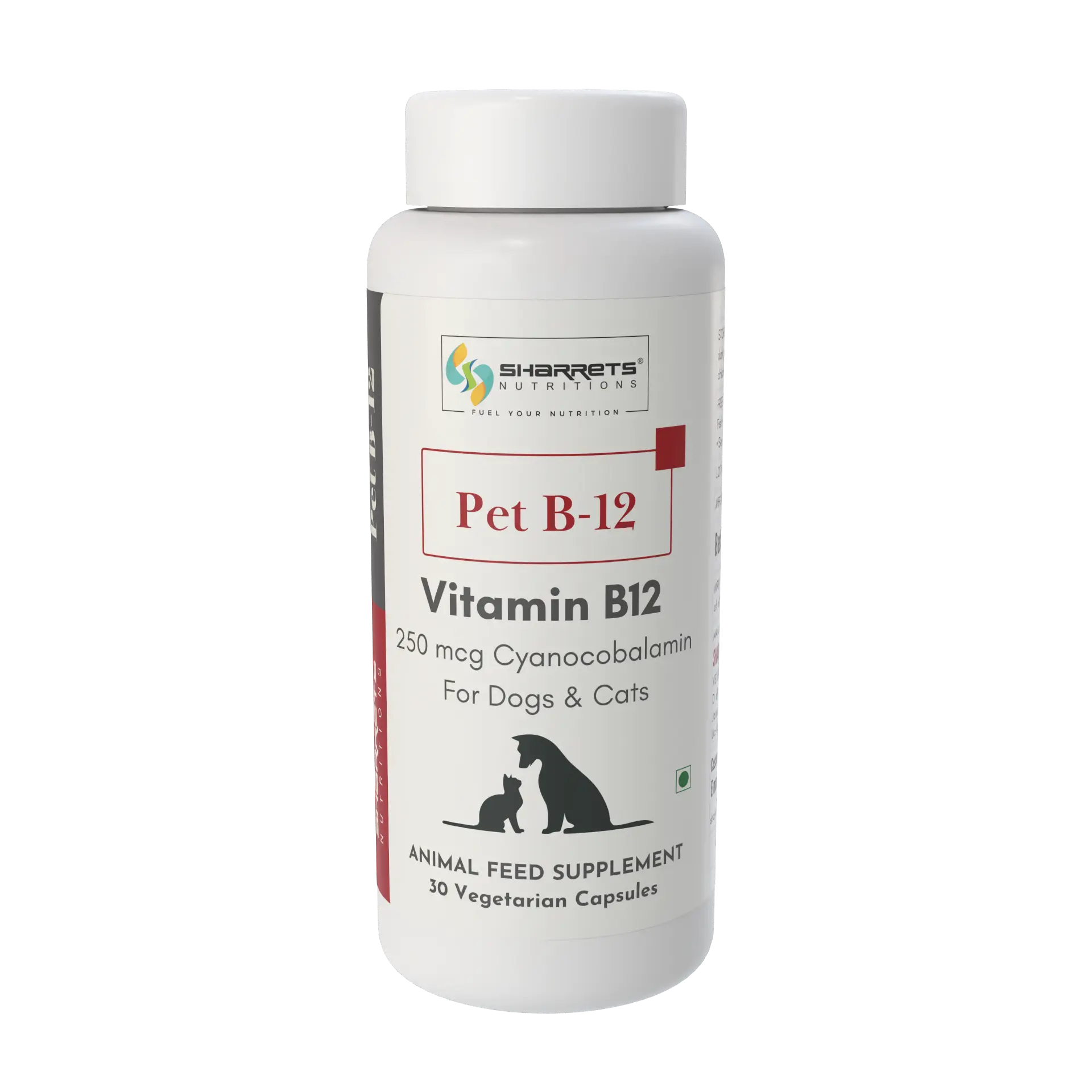 A white plastic bottle of Sharrets  Nutritions Pet B-12 Vitamin B12 animal feed supplement, featuring a white cap and a white label with red and black text and graphics.