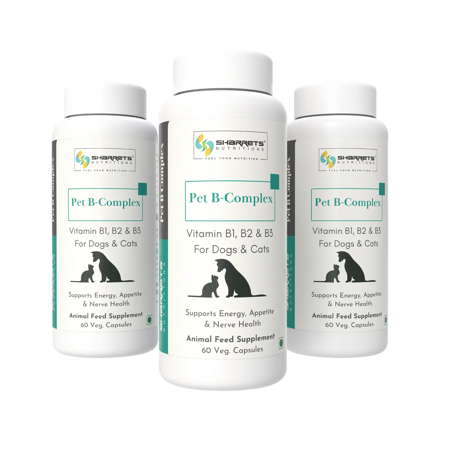 Three bottles of Sharrets Pet B-Complex supplement for dogs and cats on a white background