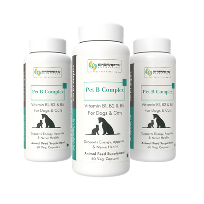 Three bottles of Sharrets Pet B-Complex supplement for dogs and cats on a white background