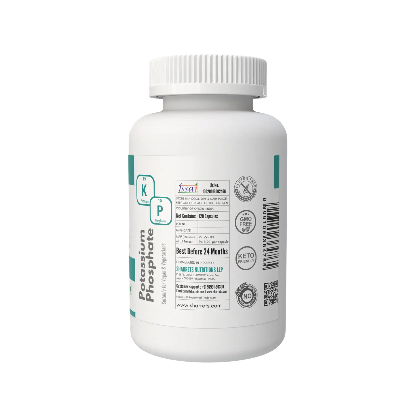 Manufacturer address and FSSAI license details of Sharrets Potassium Phosphate Dibasic Capsules supplement