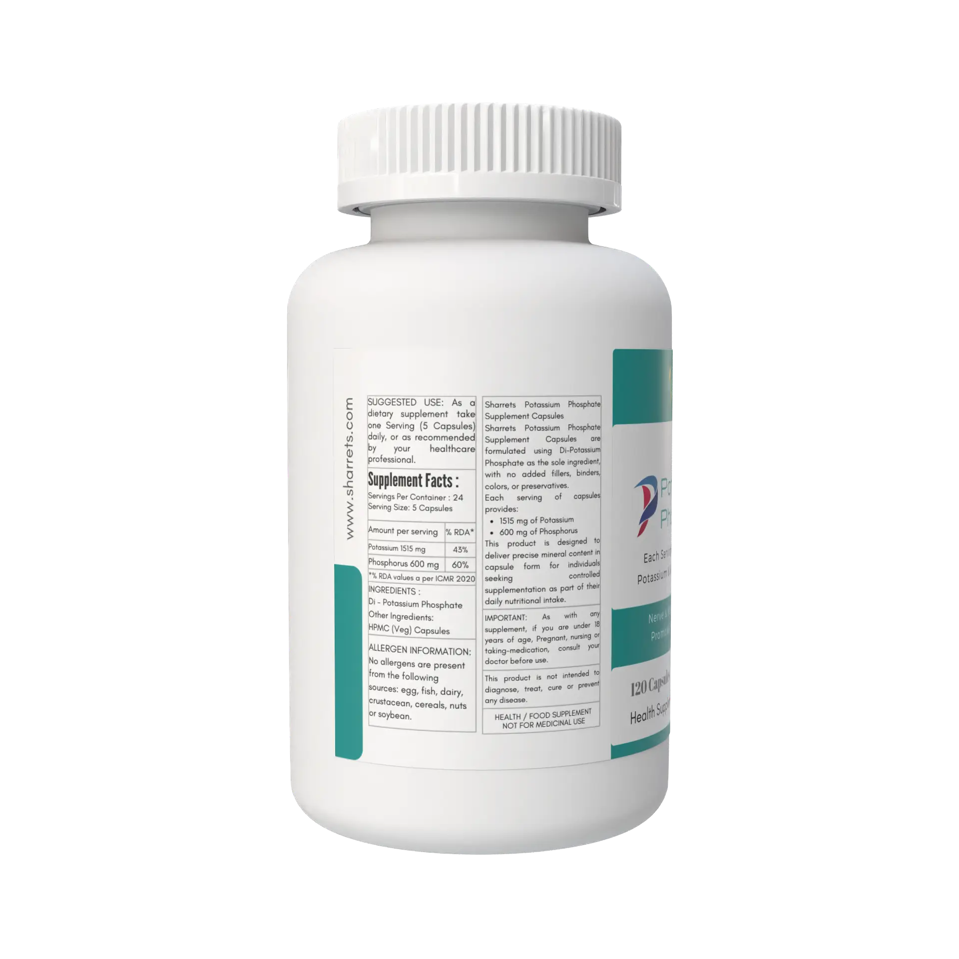 Supplement facts panel of Potassium Phosphate Dibasic Capsules showing potassium and phosphorus composition