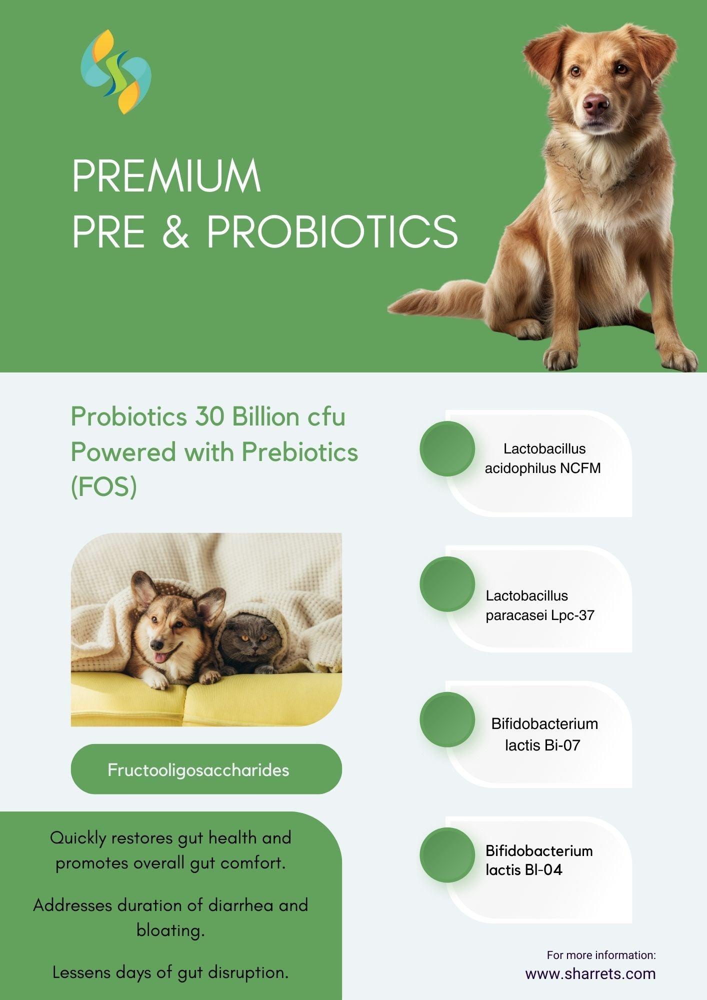 Prebiotic and probiotic capsules for dogs and cats with 30 billion CFU and FOS to support gut health, digestion and immunity