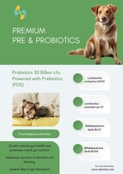 Prebiotic and probiotic capsules for dogs and cats with 30 billion CFU and FOS to support gut health, digestion and immunity