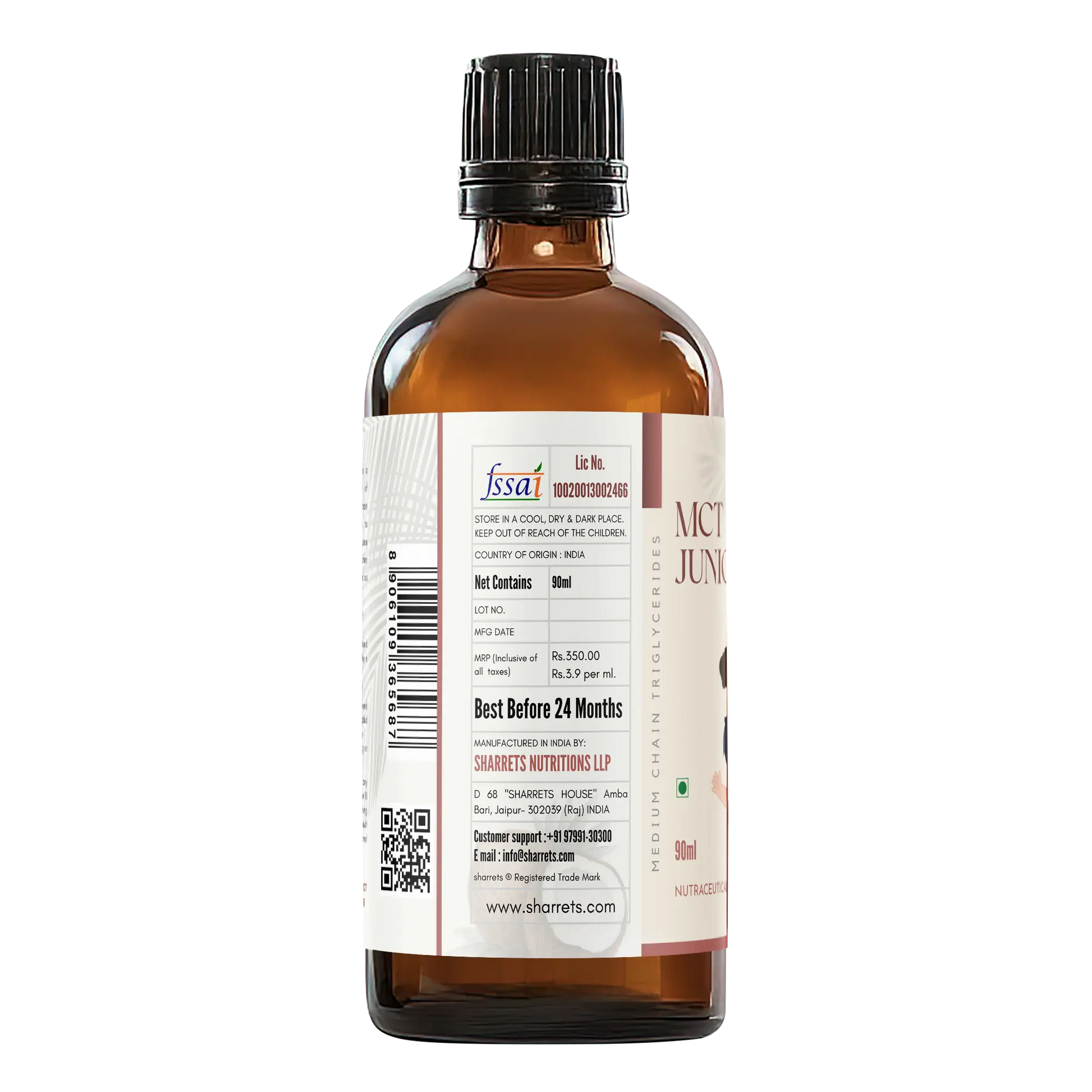 FSSAI license manufacturer address and product details label of premium coconut MCT oil for kids