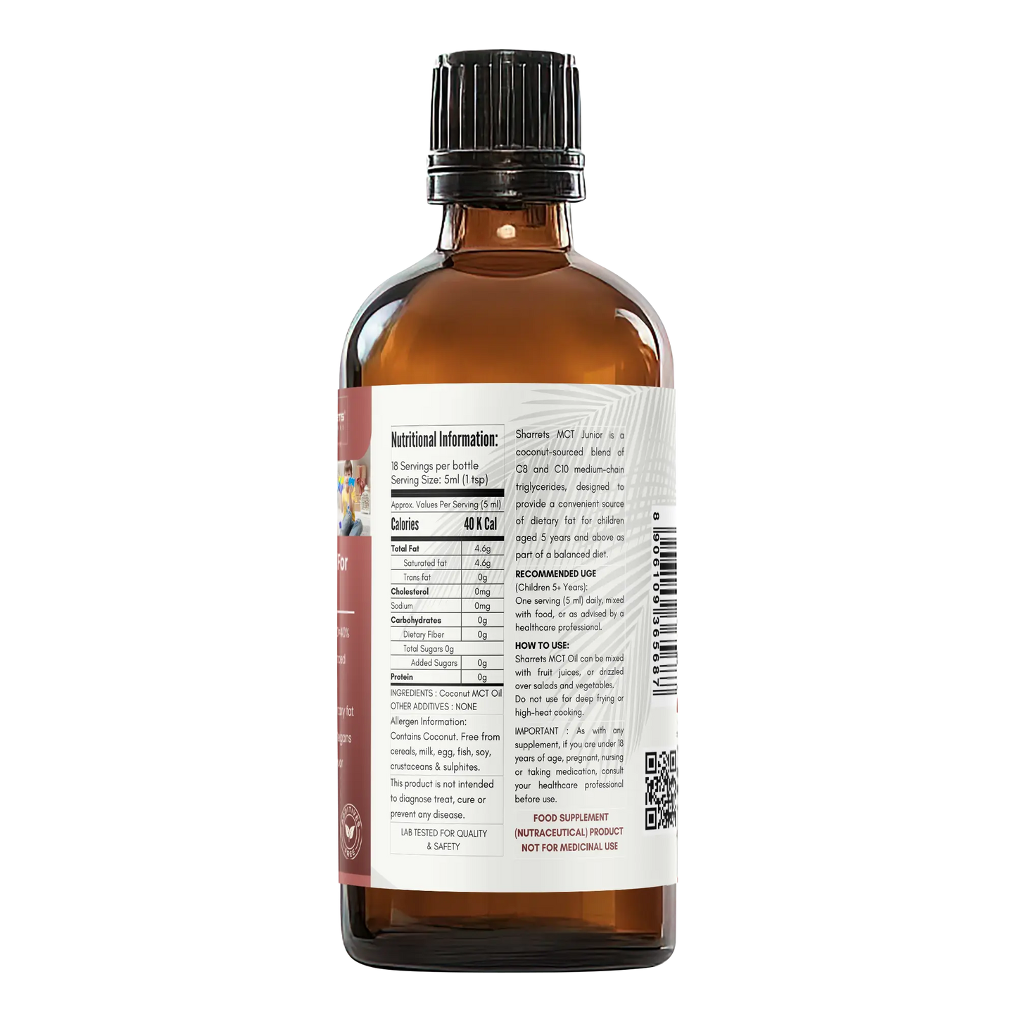 Nutrition facts and ingredients panel of premium coconut MCT oil for kids supplement