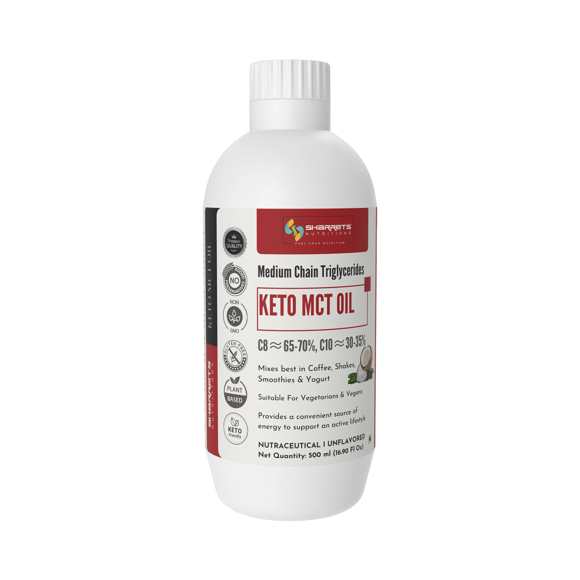 Premium Keto MCT Oil C8 C10 70:30 blend for energy focus and keto diet by Sharrets Nutritions - 500ml